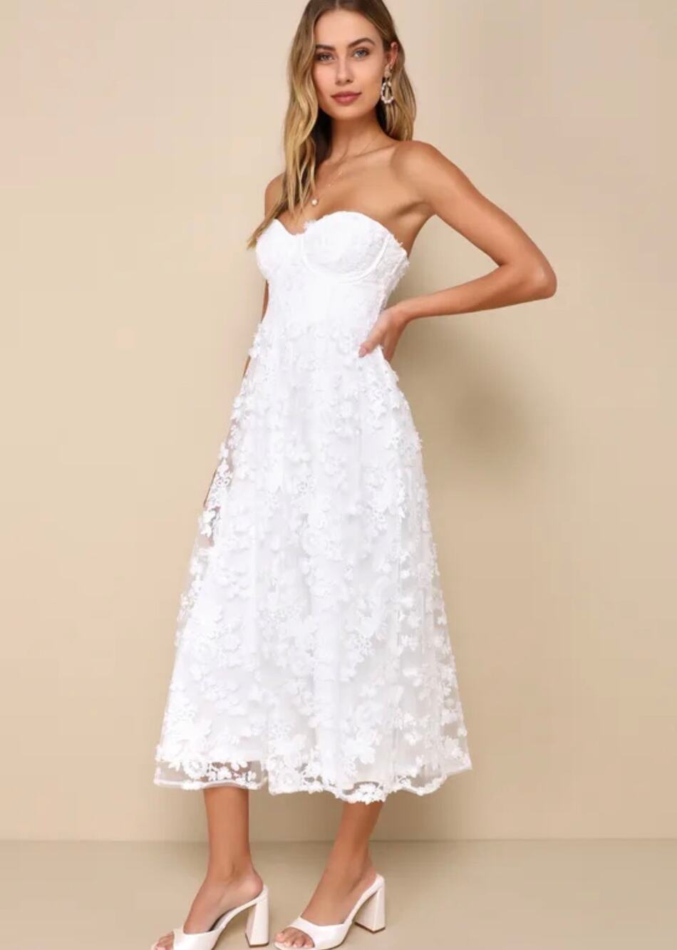 Strapless White Floral Lace Midi Dress